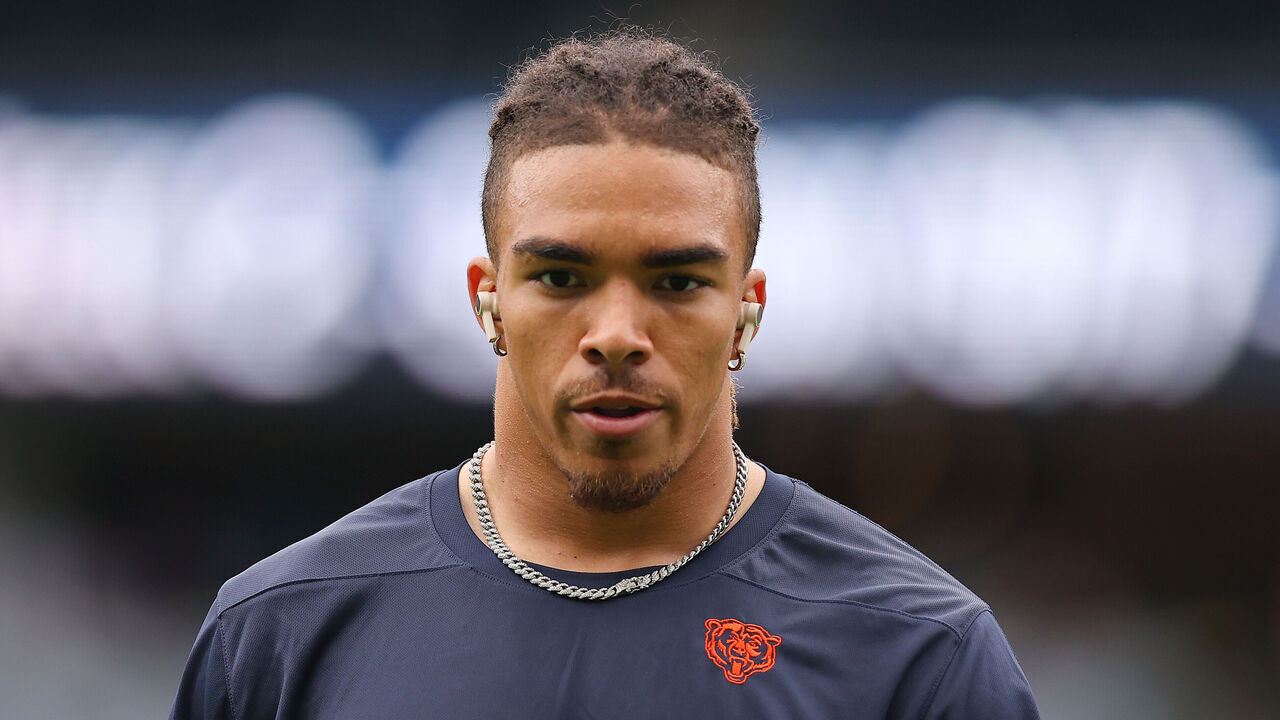 CHICAGO, ILLINOIS - AUGUST 26: Chase Claypool #10 of the Chicago Bears looks on prior to a preseason game against the Buffalo Bills at Soldier Field on August 26, 2023 in Chicago, Illinois.