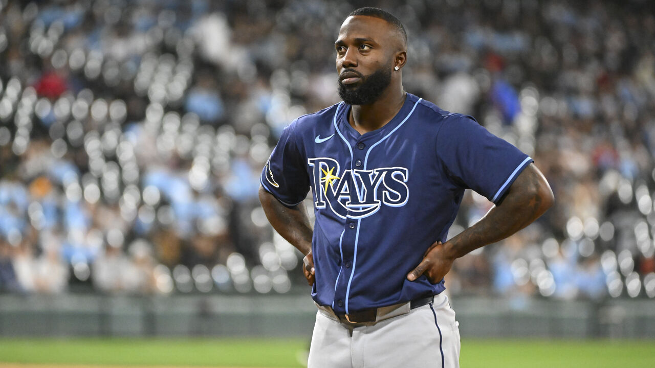 CHICAGO, ILLINOIS - APRIL 27: Randy Arozarena #56 of the Tampa Bay Rays reacts after. the tenth inning against the Chicago White Sox at Guaranteed Rate Field on April 27, 2024 in Chicago, Illinois.