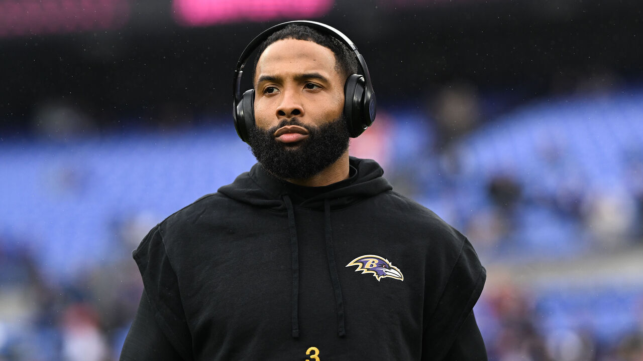 BALTIMORE, MD - JANUARY 28: Odell Beckham Jr. #3 of the Baltimore Ravens warms up prior to the AFC Championship game against the Kansas City Chiefs at M&T Bank Stadium on January 28, 2024 in Baltimore, Maryland.