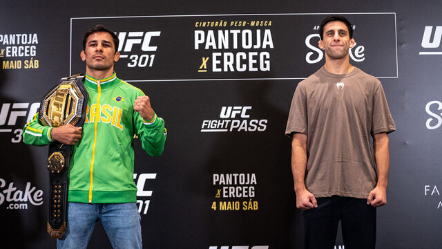 RIO DE JANEIRO, BRAZIL - MAY 01: (L-R) Opponents Alexandre Pantoja and Steve Erceg pose during the UFC 301 media day at the Windsor Marapendi Hotel on May 01, 2024 in Rio de Janeiro, Brazil.