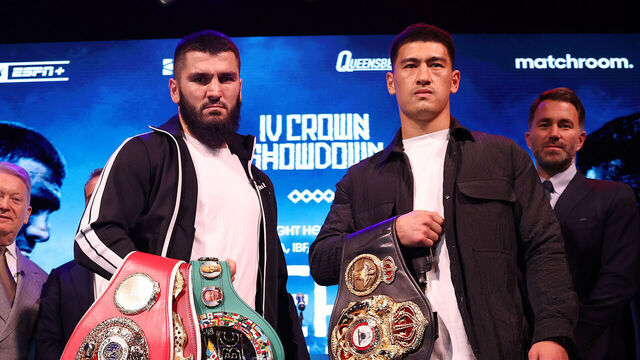 LONDON, ENGLAND - APRIL 15: Dmitry Bivol and Artur Beterbiev go head to head fight during their fight launch Press Conference at Outernet London on April 15, 2024 in London, England. .
