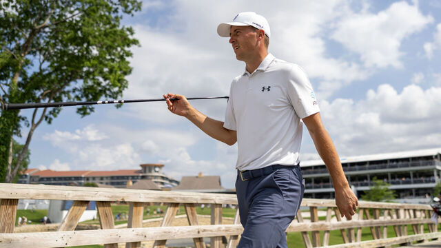MCKINNEY, TEXAS - MAY 3: Jordan Spieth of USA walks to the fairway on hole number 10 during the second round of THE CJ CUP Byron Nelson at TPC Craig Ranch on May 3, 2024 in McKinney, Texas.