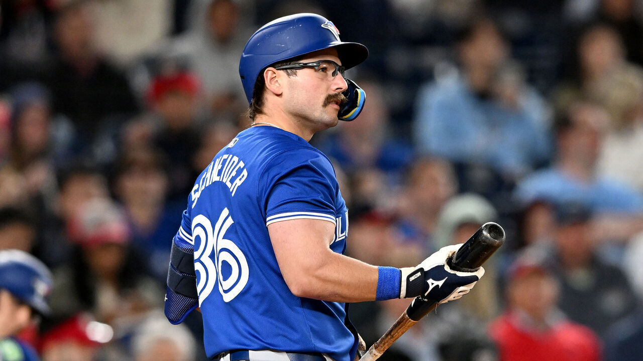 WASHINGTON, DC - MAY 03: Davis Schneider #36 of the Toronto Blue Jays reacts after striking out in the eighth inning against the Washington Nationals at Nationals Park on May 03, 2024 in Washington, DC.