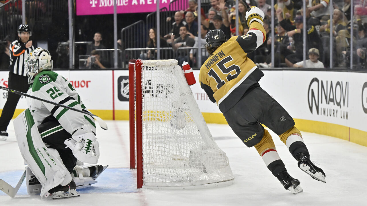 LAS VEGAS, NEVADA - MAY 03: Noah Hanifin #15 of the Vegas Golden Knights celebrates after a goal during the third period against the Dallas Stars in Game Six of the First Round of the 2024 Stanley Cup Playoffs at T-Mobile Arena on May 03, 2024 in Las Vegas, Nevada.
