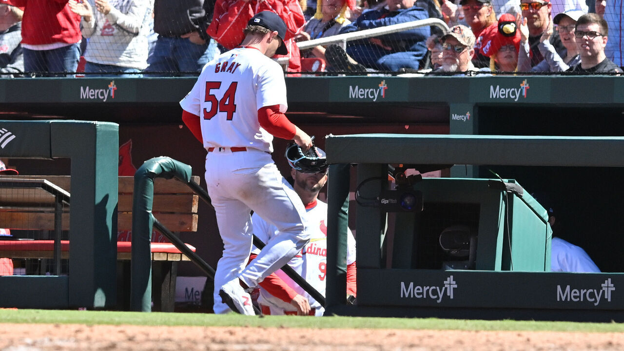 ST. LOUIS, MO - APRIL 21: St. Louis Cardinals starting pitcher Sonny Gray (54) gets a standing ovation from the fans after being relieved in the seventh inning during a MLB game on April 21, 2024, between the Milwaukee Brewers and the St. Louis Cardinals at Busch Stadium, St. Louis, MO.