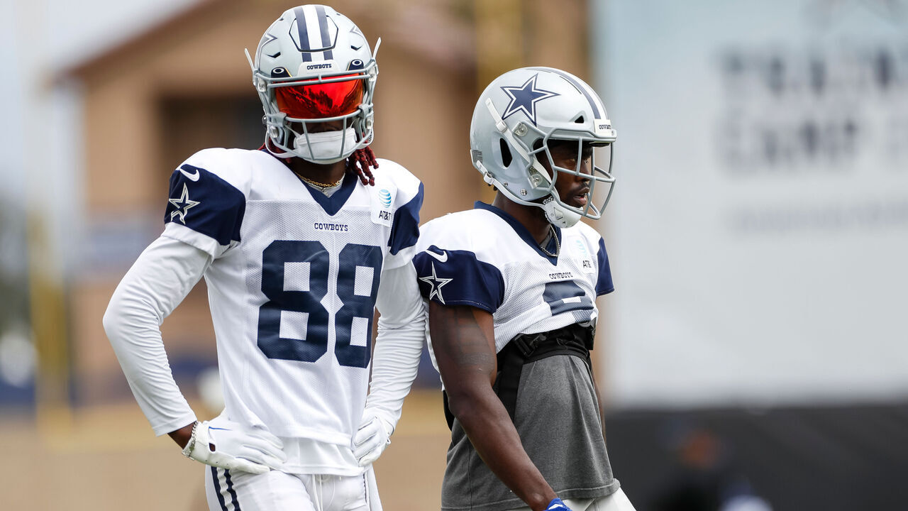 OXNARD, CA - AUGUST 15: Dallas Cowboys wide receiver CeeDee Lamb (88) and wide receiver Brandin Cooks (3) take part in a drill during the team's training camp at Marriott Residence Inn at River Ridge on August 15, 2023, in Oxnard, CA.