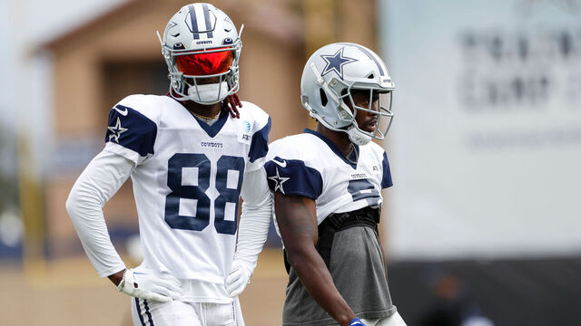 OXNARD, CA - AUGUST 15: Dallas Cowboys wide receiver CeeDee Lamb (88) and wide receiver Brandin Cooks (3) take part in a drill during the team's training camp at Marriott Residence Inn at River Ridge on August 15, 2023, in Oxnard, CA.