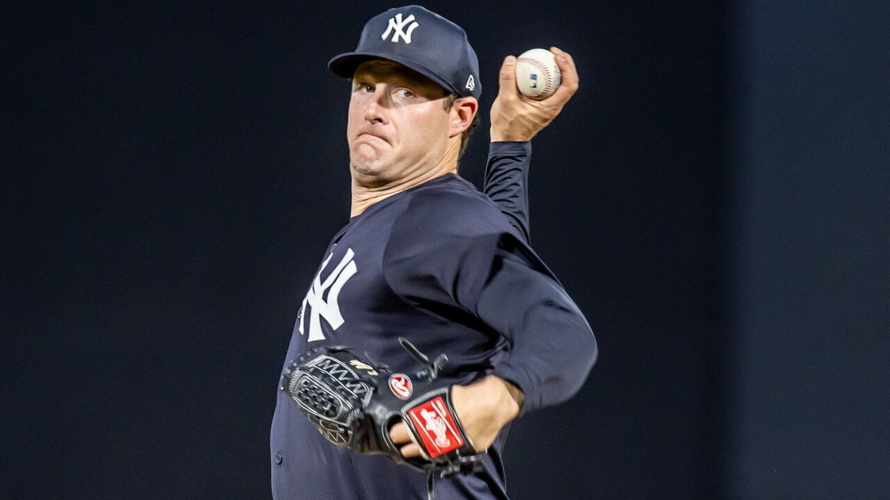Tampa, FL.: New York Yankees starting pitcher Gerrit Cole warming up in the first inning while playing the Toronto Blue Jays at George M. Steinbrenner Field, in Tampa, Florida, on March 1, 2024.
