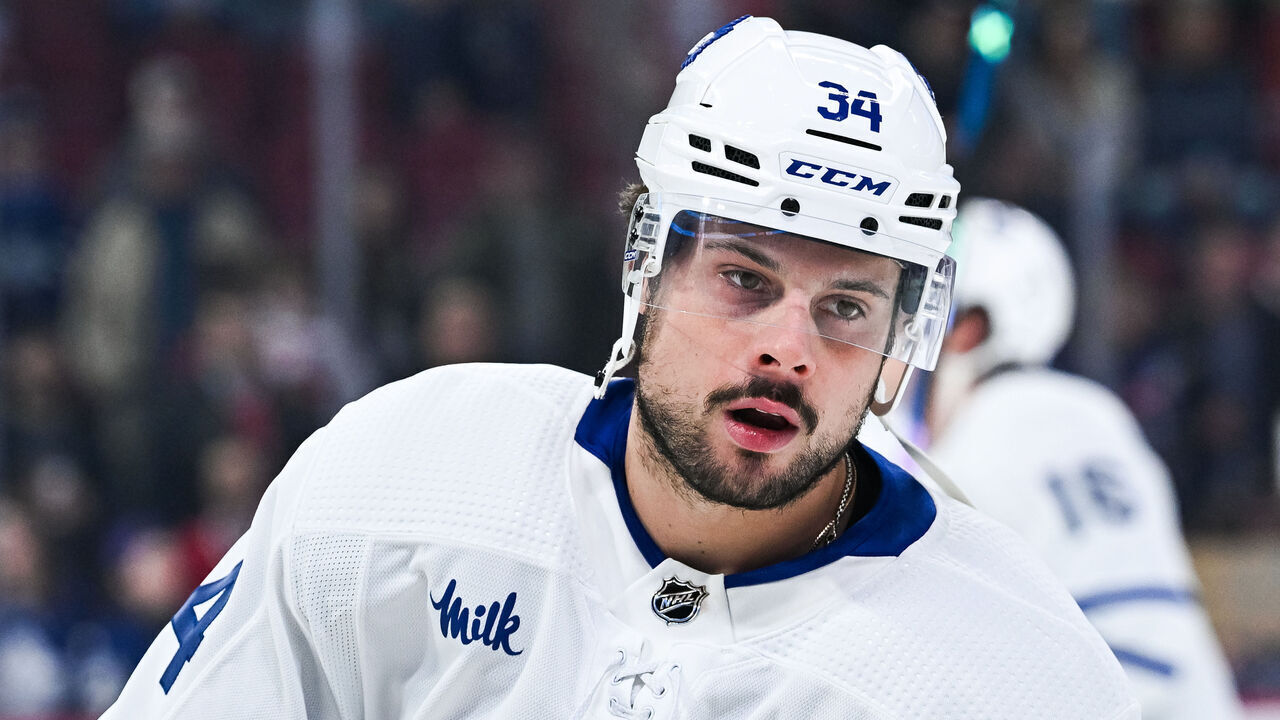 MONTREAL, QC - APRIL 06: Look on Toronto Maple Leafs center Auston Matthews (34) during warm-up before the Toronto Maple Leafs versus the Montreal Canadiens game on April 06, 2024, at Bell Centre in Montreal, QC