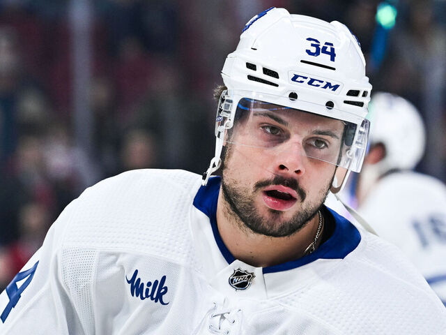 MONTREAL, QC - APRIL 06: Look on Toronto Maple Leafs center Auston Matthews (34) during warm-up before the Toronto Maple Leafs versus the Montreal Canadiens game on April 06, 2024, at Bell Centre in Montreal, QC