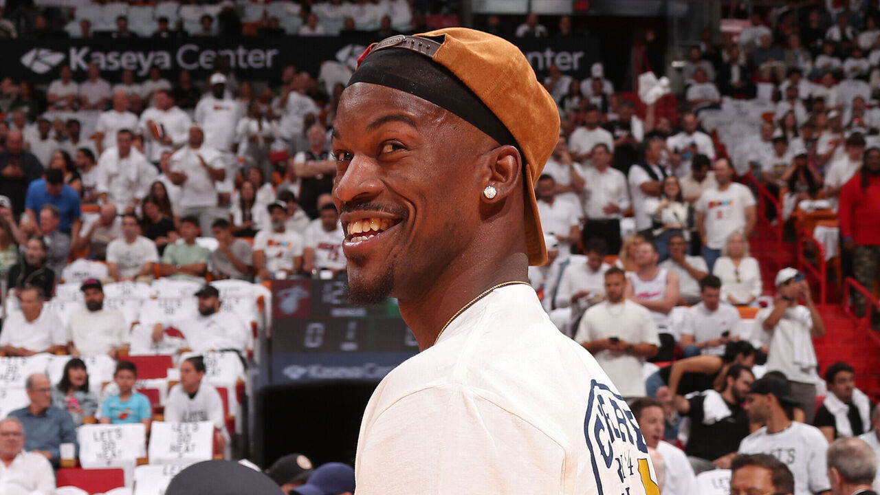 MIAMI, FL - APRIL 29: Jimmy Butler #22 of the Miami Heat smiles during the game against the Boston Celtics during Round 1 Game 4 of the 2024 NBA Playoffs on April 29, 2024 at Kaseya Center in Miami, Florida. Mandatory Copyright Notice: Copyright 2024 NBAE