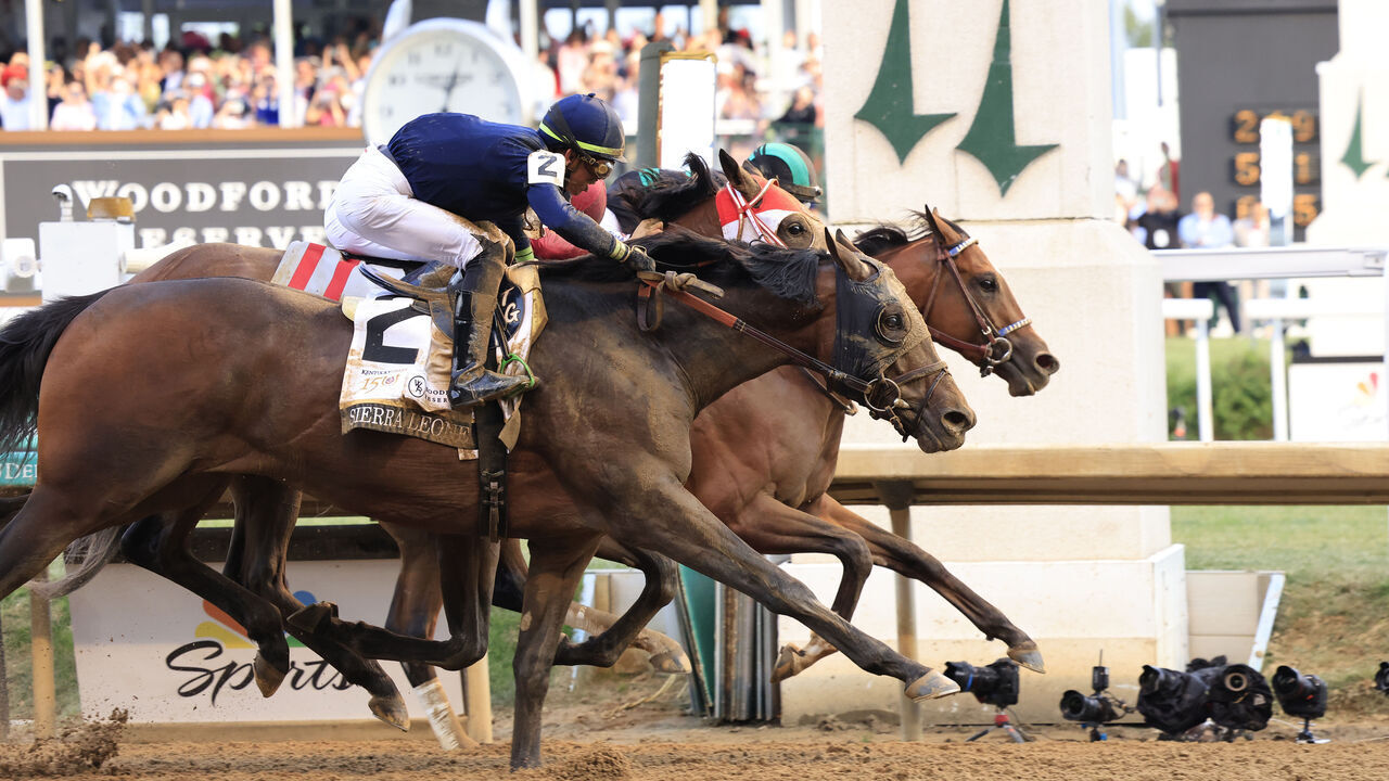 LOUISVILLE, KENTUCKY - MAY 04: Mystik Dan #3, ridden by jockey Brian J. Hernandez Jr. crosses the finish line to win the 150th running of the Kentucky Derby at Churchill Downs on May 04, 2024 in Louisville, Kentucky.