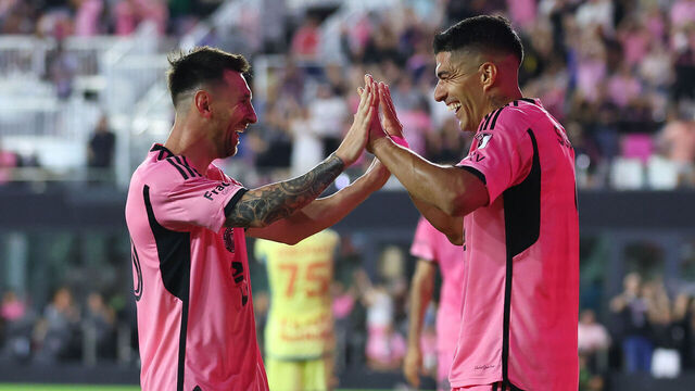 FORT LAUDERDALE, FLORIDA - MAY 04: Luis Suarez #9 of Inter Miami CF celebrates with Lionel Messi #10 after scoring his third goal against the New York Red Bulls during the second half in the game at DRV PNK Stadium on May 04, 2024 in Fort Lauderdale, Florida.
