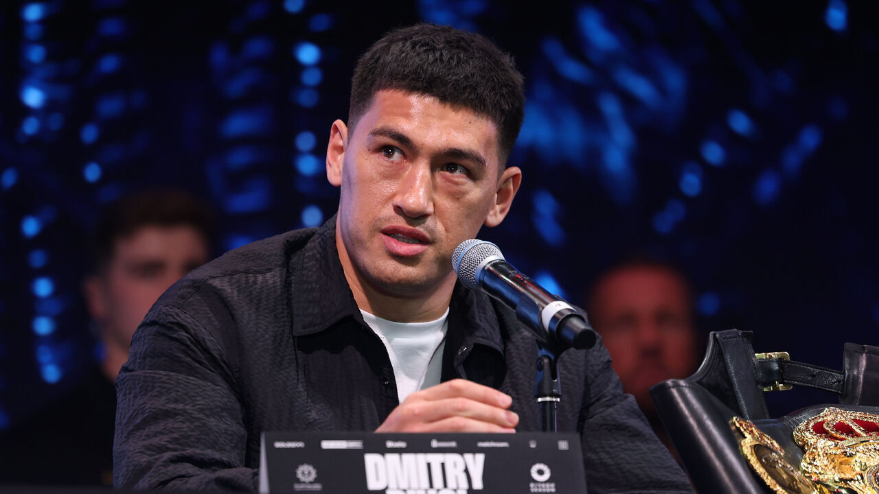 LONDON, ENGLAND - APRIL 15: Dmitry Bivol speaks about his fight against Artur Beterbiev fight during the launch Press Conference at Outernet London on April 15, 2024 in London, England.