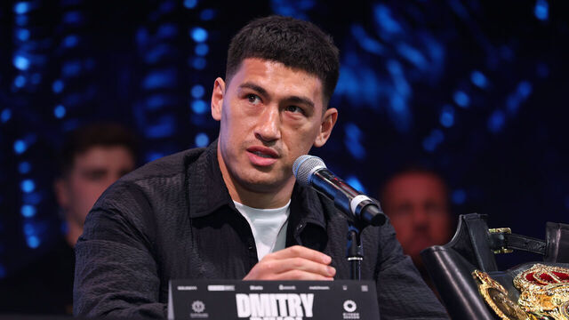 LONDON, ENGLAND - APRIL 15: Dmitry Bivol speaks about his fight against Artur Beterbiev fight during the launch Press Conference at Outernet London on April 15, 2024 in London, England.