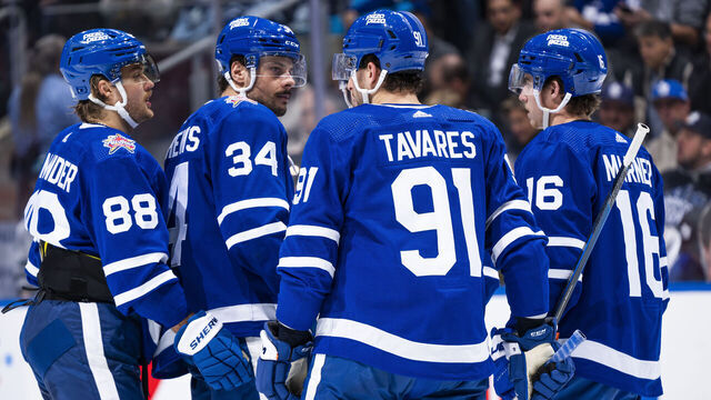 TORONTO, ON - JANUARY 9: William Nylander #88, Auston Matthews #34, Auston Matthews #34, John Tavares #91 and Mitchell Marner #16 of the Toronto Maple Leafs speak in a break in play against the San Jose Sharks during the first period at the Scotiabank Arena on January 9, 2024 in Toronto, Ontario, Canada.