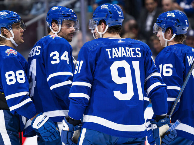 TORONTO, ON - JANUARY 9: William Nylander #88, Auston Matthews #34, Auston Matthews #34, John Tavares #91 and Mitchell Marner #16 of the Toronto Maple Leafs speak in a break in play against the San Jose Sharks during the first period at the Scotiabank Arena on January 9, 2024 in Toronto, Ontario, Canada.