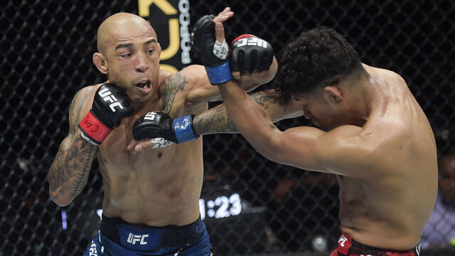 RIO DE JANEIRO, BRAZIL - MAY 04: (L-R) Jose Aldo of Brazil punches Jonathan Martinez in a bantamweight bout during the UFC 301 event at Farmasi Arena on May 04, 2024 in Rio de Janeiro, Brazil.
