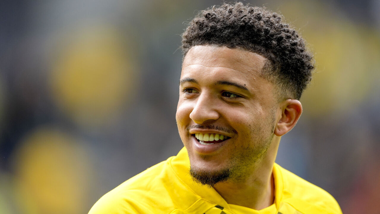 DORTMUND, GERMANY - MAY 4: Jaden Sancho of Borussia Dortmund reacts prior to the Bundesliga soccer match between Borussia Dortmund and FC Augsburg at Signal Iduna Park on May 4, 2024 in Dortmund, Germany.