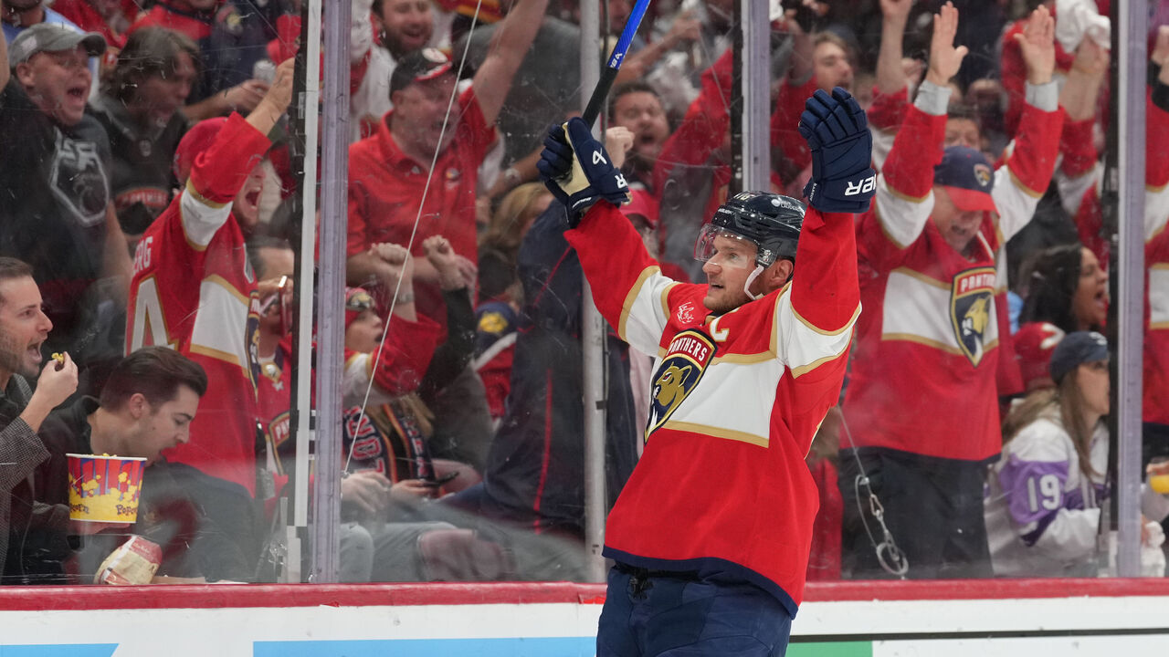 SUNRISE, FL - APRIL 29: Florida Panthers center Aleksander Barkov (16) celebrates his goal in the second period with Florida Panthers center Sam Reinhart (13) during game four of the Eastern Conference First Round between the Tampa Bay Lightning and the Florida Panthers at Amerant Bank Arena, Sunrise, Fla.