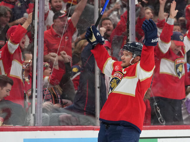 SUNRISE, FL - APRIL 29: Florida Panthers center Aleksander Barkov (16) celebrates his goal in the second period with Florida Panthers center Sam Reinhart (13) during game four of the Eastern Conference First Round between the Tampa Bay Lightning and the Florida Panthers at Amerant Bank Arena, Sunrise, Fla.
