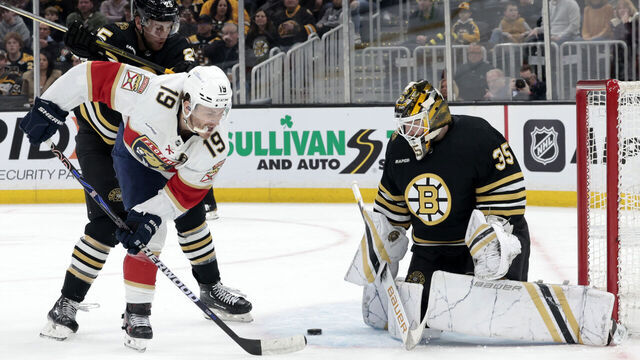 BOSTON, MA - APRIL 06: Boston Bruins goalie Linus Ullmark (35) makes a save on Florida Panthers right wing Matthew Tkachuk (19) on the penalty kill during a game between the Boston Bruins and the Florida Panthers on April 6, 2024, at TD Garden in Boston, Massachusetts.