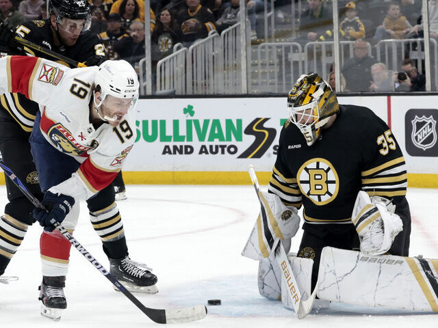 BOSTON, MA - APRIL 06: Boston Bruins goalie Linus Ullmark (35) makes a save on Florida Panthers right wing Matthew Tkachuk (19) on the penalty kill during a game between the Boston Bruins and the Florida Panthers on April 6, 2024, at TD Garden in Boston, Massachusetts.