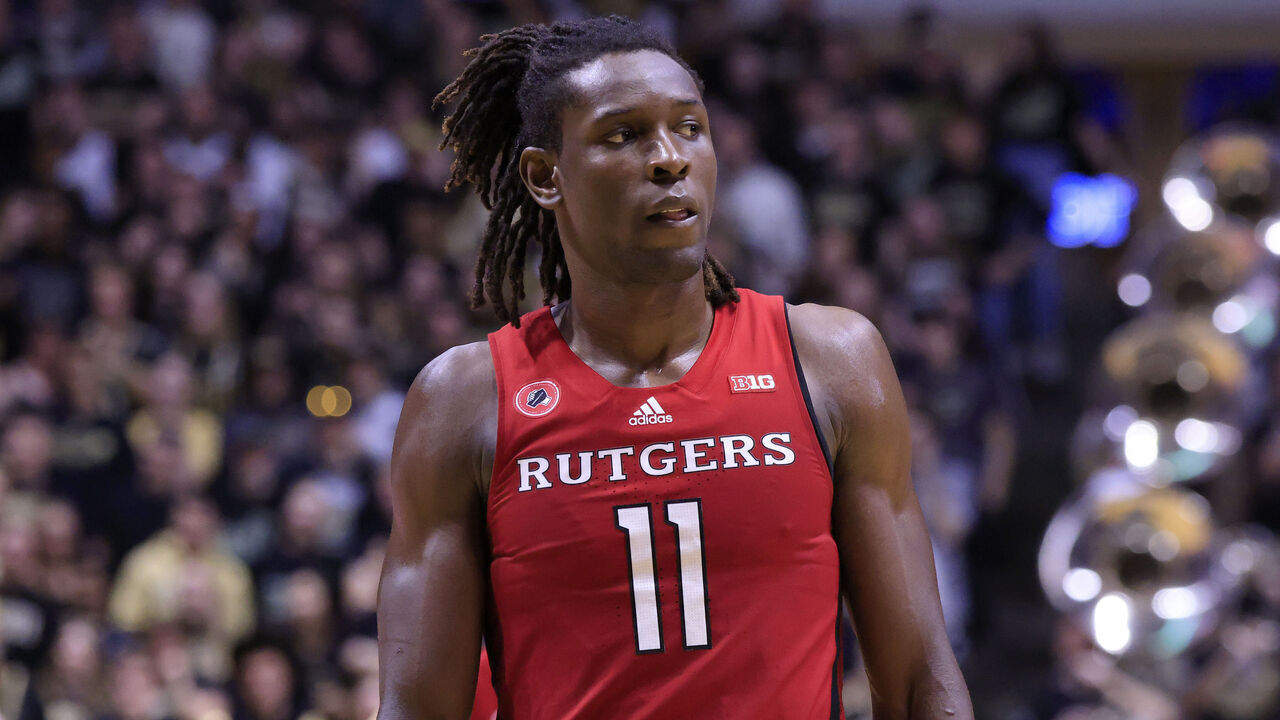 WEST LAFAYETTE, INDIANA - FEBRUARY 20: Clifford Omoruyi #11 of the Rutgers Scarlet Knights looks on in the game against the Purdue Boilermakers at Mackey Arena on February 20, 2022 in West Lafayette, Indiana.
