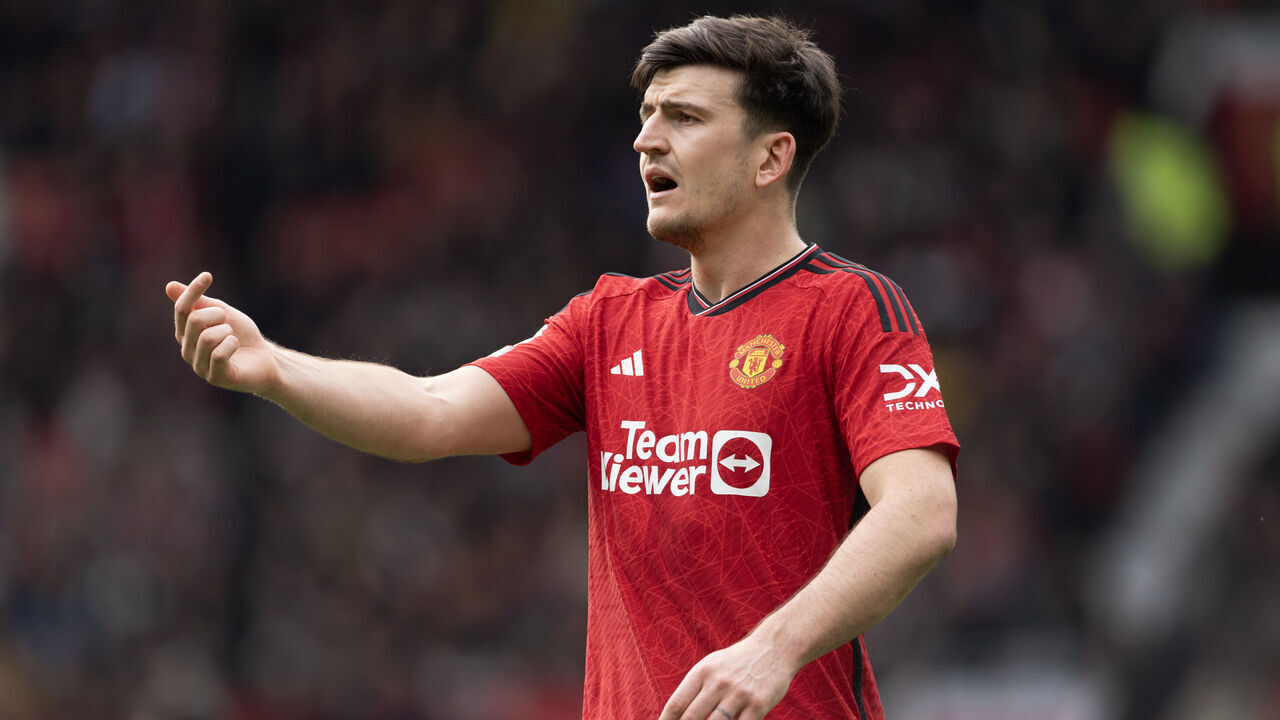 MANCHESTER, ENGLAND - APRIL 27: Harry Maguire of Manchester United in action during the Premier League match between Manchester United and Burnley FC at Old Trafford on April 27, 2024 in Manchester, England.