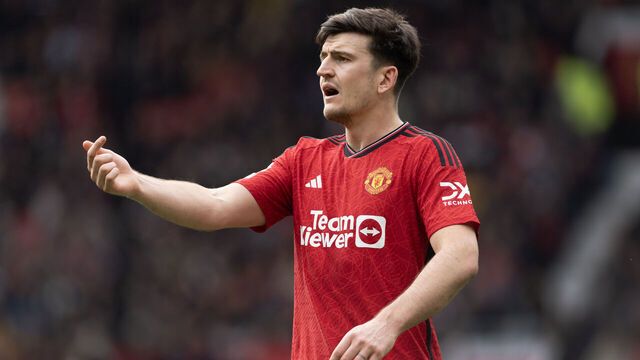 MANCHESTER, ENGLAND - APRIL 27: Harry Maguire of Manchester United in action during the Premier League match between Manchester United and Burnley FC at Old Trafford on April 27, 2024 in Manchester, England.