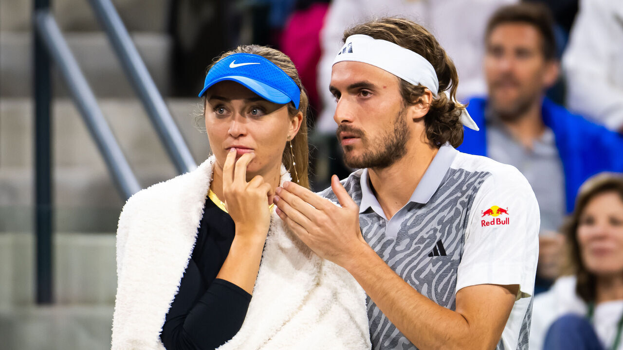 INDIAN WELLS, CALIFORNIA - MARCH 05: Stefano Tsitsipas (R) of Greece and Paula Badosa of Spain during the Eisenhower Cup on Day 3 of the BNP Paribas Open at Indian Wells Tennis Garden on March 05, 2024 in Indian Wells, California.