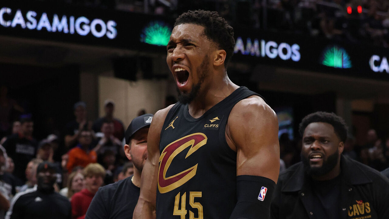CLEVELAND, OH - MAY 5: Donovan Mitchell #45 of the Cleveland Cavaliers celebrates during the game against the Orlando Magic during Round 1 Game 7 of the 2024 NBA Playoffs on May 5, 2024 at Rocket Mortgage FieldHouse in Cleveland, Ohio. NOTE TO USER: User expressly acknowledges and agrees that, by downloading and/or using this Photograph, user is consenting to the terms and conditions of the Getty Images License Agreement. Mandatory Copyright Notice: Copyright 2024 NBAE