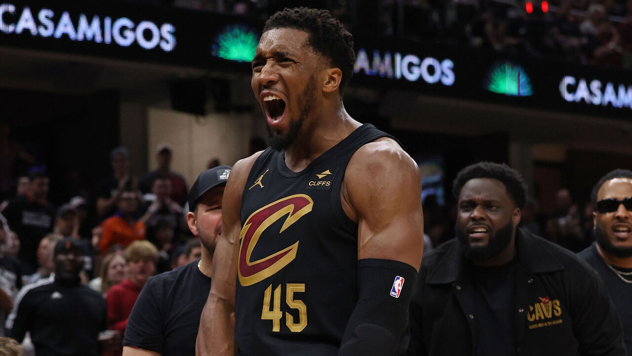CLEVELAND, OH - MAY 5: Donovan Mitchell #45 of the Cleveland Cavaliers celebrates during the game against the Orlando Magic during Round 1 Game 7 of the 2024 NBA Playoffs on May 5, 2024 at Rocket Mortgage FieldHouse in Cleveland, Ohio. NOTE TO USER: User expressly acknowledges and agrees that, by downloading and/or using this Photograph, user is consenting to the terms and conditions of the Getty Images License Agreement. Mandatory Copyright Notice: Copyright 2024 NBAE