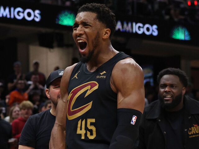 CLEVELAND, OH - MAY 5: Donovan Mitchell #45 of the Cleveland Cavaliers celebrates during the game against the Orlando Magic during Round 1 Game 7 of the 2024 NBA Playoffs on May 5, 2024 at Rocket Mortgage FieldHouse in Cleveland, Ohio. NOTE TO USER: User expressly acknowledges and agrees that, by downloading and/or using this Photograph, user is consenting to the terms and conditions of the Getty Images License Agreement. Mandatory Copyright Notice: Copyright 2024 NBAE