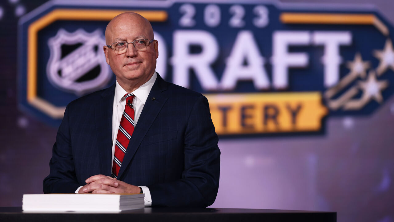 SECAUCUS, NEW JERSEY - MAY 08: National Hockey League Deputy Commissioner Bill Daly looks on during the 2023 NHL Draft Lottery on May 08, 2023 at NHL Network Studio in Secaucus, New Jersey.