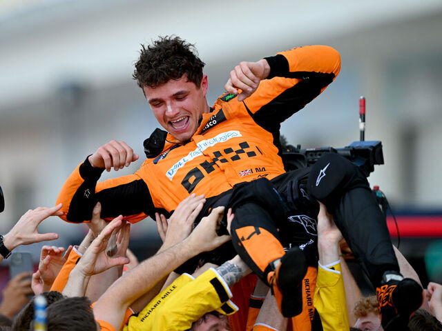 MIAMI, FLORIDA - MAY 05: Race winner Lando Norris of Great Britain and McLaren celebrates in parc ferme during the F1 Grand Prix of Miami at Miami International Autodrome on May 05, 2024 in Miami, Florida.