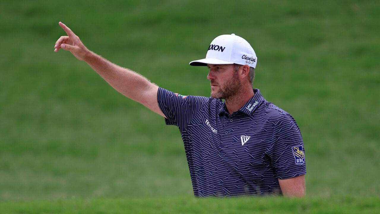 MCKINNEY, TEXAS - MAY 05: Taylor Pendrith of Canada reacts to his chip in for birdie on the sixth hole during the final round of THE CJ CUP Byron Nelson at TPC Craig Ranch on May 05, 2024 in McKinney, Texas.