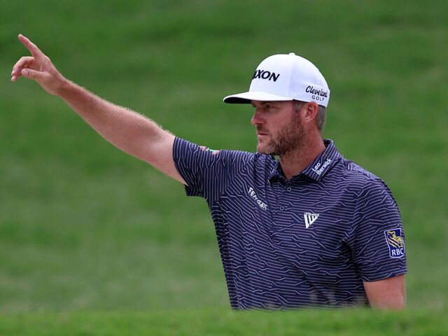 MCKINNEY, TEXAS - MAY 05: Taylor Pendrith of Canada reacts to his chip in for birdie on the sixth hole during the final round of THE CJ CUP Byron Nelson at TPC Craig Ranch on May 05, 2024 in McKinney, Texas.