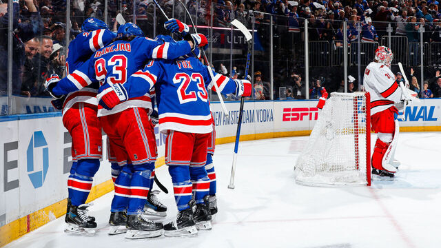 NEW YORK, NEW YORK - MAY 05: Mika Zibanejad #93 of the New York Rangers and teammates celebrate a first period goal against the Carolina Hurricanes in Game One of the Second Round of the 2024 Stanley Cup Playoffs at Madison Square Garden on May 5, 2024 in New York City.