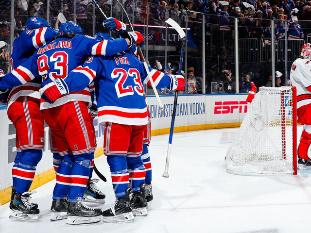 NEW YORK, NEW YORK - MAY 05: Mika Zibanejad #93 of the New York Rangers and teammates celebrate a first period goal against the Carolina Hurricanes in Game One of the Second Round of the 2024 Stanley Cup Playoffs at Madison Square Garden on May 5, 2024 in New York City.