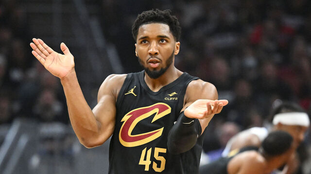 CLEVELAND, OHIO - MAY 05: Donovan Mitchell #45 of the Cleveland Cavaliers reacts after drawing a foul in the first quarter against the Orlando Magic during the first quarter in Game Seven of the Eastern Conference First Round Playoffs at Rocket Mortgage Fieldhouse on May 05, 2024 in Cleveland, Ohio. NOTE TO USER: User expressly acknowledges and agrees that, by downloading and/or using this Photograph, user is consenting to the terms and conditions of the Getty Images License Agreement.