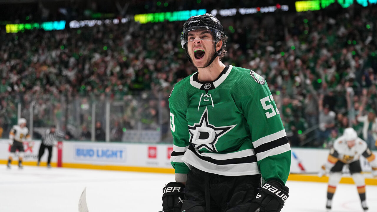 DALLAS, TEXAS - MAY 05: Wyatt Johnston #53 of the Dallas Stars celebrates after scoring a goal against the Vegas Golden Knights during the first period in Game Seven of the First Round of the 2024 Stanley Cup Playoffs at American Airlines Center on May 05, 2024 in Dallas, Texas.