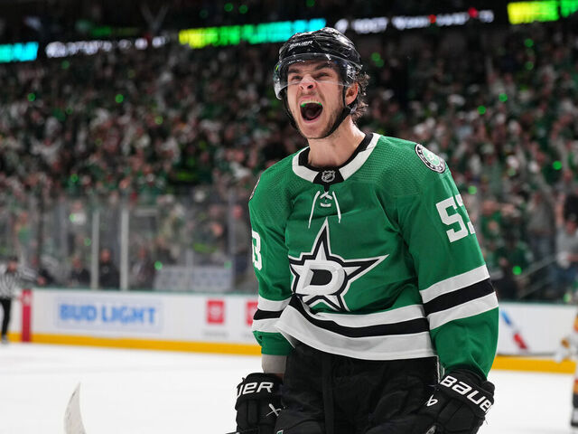 DALLAS, TEXAS - MAY 05: Wyatt Johnston #53 of the Dallas Stars celebrates after scoring a goal against the Vegas Golden Knights during the first period in Game Seven of the First Round of the 2024 Stanley Cup Playoffs at American Airlines Center on May 05, 2024 in Dallas, Texas.