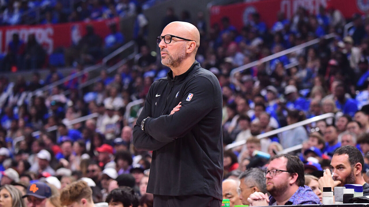LOS ANGELES, CA - APRIL 21: Head Coach Jason Kidd of the Dallas Mavericks looks on during the game again the LA Clippers during Round 1 Game 1 of the 2024 NBA Playoffs on April 21, 2024 at Crypto.Com Arena in Los Angeles, California. NOTE TO USER: User expressly acknowledges and agrees that, by downloading and/or using this Photograph, user is consenting to the terms and conditions of the Getty Images License Agreement. Mandatory Copyright Notice: Copyright 2024 NBAE