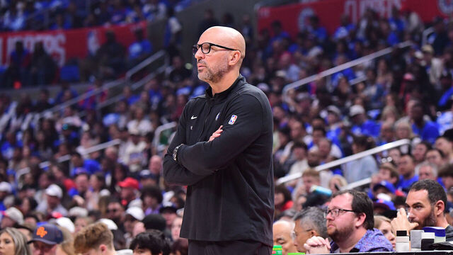 LOS ANGELES, CA - APRIL 21: Head Coach Jason Kidd of the Dallas Mavericks looks on during the game again the LA Clippers during Round 1 Game 1 of the 2024 NBA Playoffs on April 21, 2024 at Crypto.Com Arena in Los Angeles, California. NOTE TO USER: User expressly acknowledges and agrees that, by downloading and/or using this Photograph, user is consenting to the terms and conditions of the Getty Images License Agreement. Mandatory Copyright Notice: Copyright 2024 NBAE