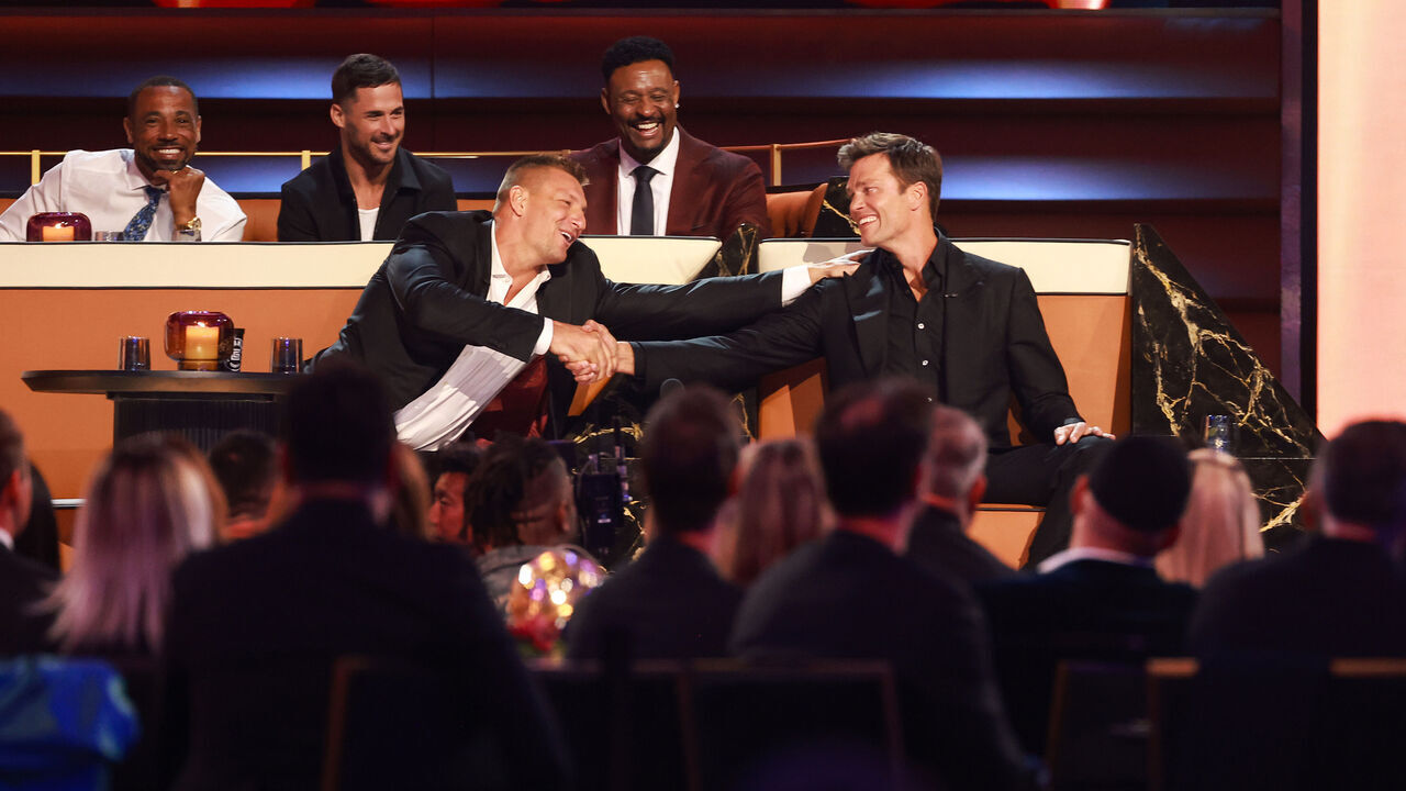 INGLEWOOD, CALIFORNIA - MAY 05: Rob Gronkowski (L) and Tom Brady (R) speak onstage during G.R.O.A.T The Greatest Roast Of All Time: Tom Brady for the Netflix is a Joke Festival at The Kia Forum on May 05, 2024 in Inglewood, California.