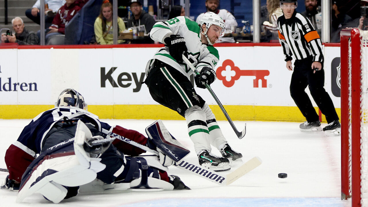 DENVER, COLORADO - APRIL 07: Matt Duchene #95 of the Dallas Stars scores past goalie Alexandar Georgiev #40 of the Colorado Avalanche during the first period at Ball Arena on April 07, 2024 in Denver, Colorado.
