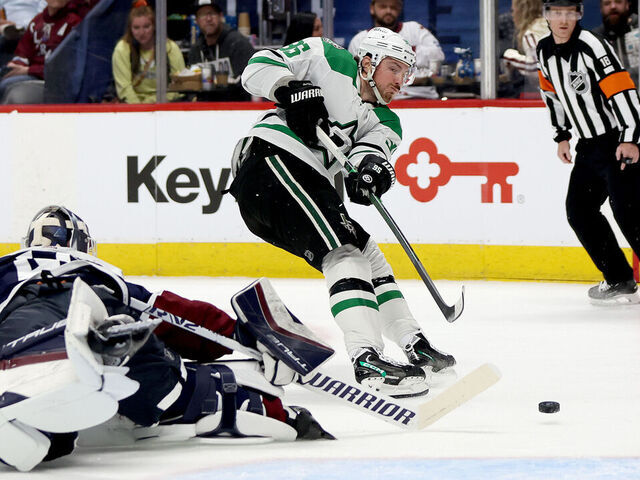DENVER, COLORADO - APRIL 07: Matt Duchene #95 of the Dallas Stars scores past goalie Alexandar Georgiev #40 of the Colorado Avalanche during the first period at Ball Arena on April 07, 2024 in Denver, Colorado.