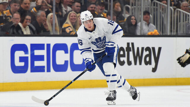 BOSTON, MASSACHUSETTS - MAY 4: Mitch Marner #16 of the Toronto Maple Leafs skates with the puck against the Boston Bruins in Game Seven of the First Round of the 2024 Stanley Cup Playoffs at the TD Garden on May 4, 2024 in Boston, Massachusetts.