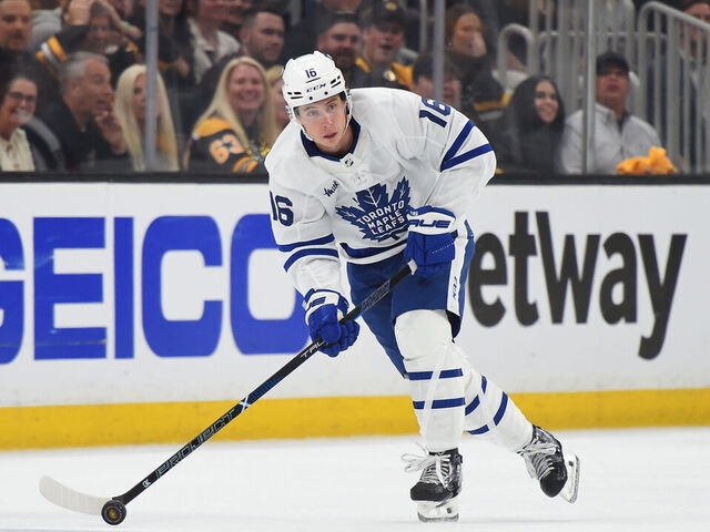 BOSTON, MASSACHUSETTS - MAY 4: Mitch Marner #16 of the Toronto Maple Leafs skates with the puck against the Boston Bruins in Game Seven of the First Round of the 2024 Stanley Cup Playoffs at the TD Garden on May 4, 2024 in Boston, Massachusetts.